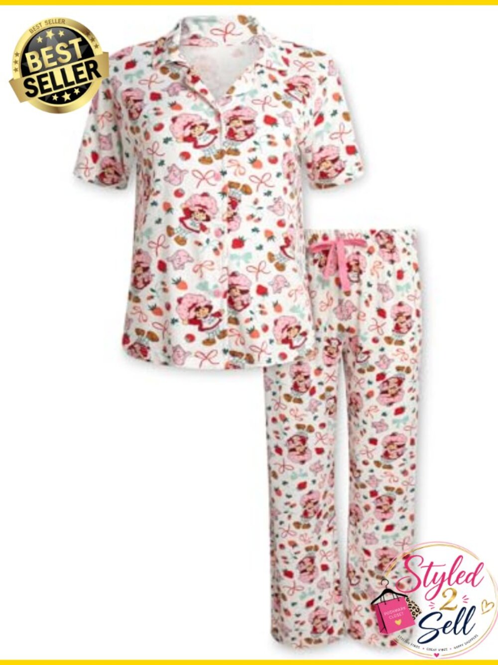 Strawberry Shortcake Womens Pajama Set 2 Piece Button Down Sleep Shirt Pants